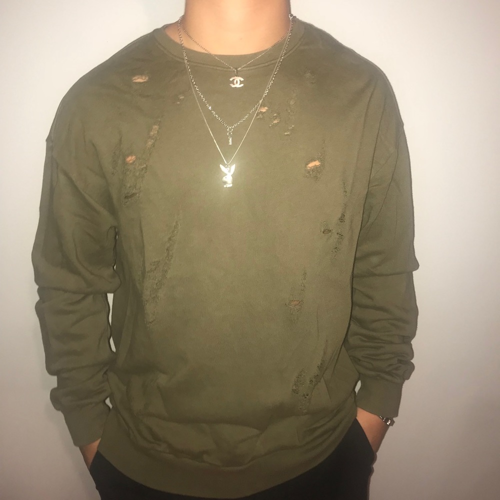 Distressed Olive Sweater Sweatshirt Green